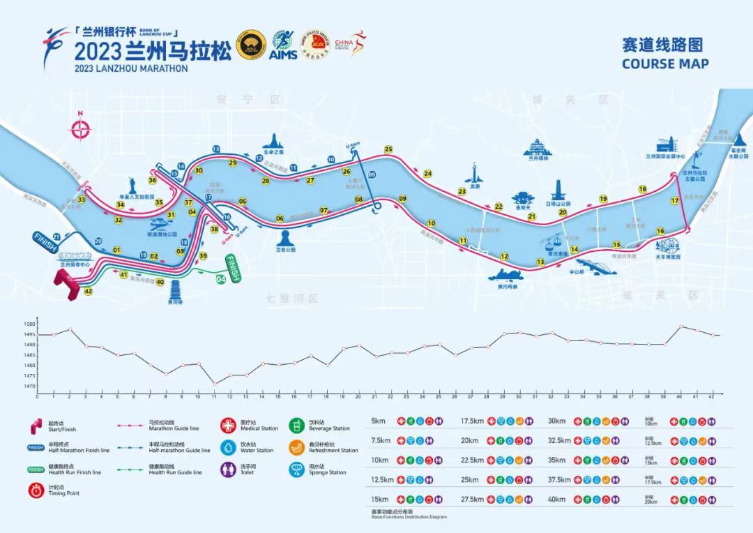 2023年蘭州馬拉松路線圖，賽事圍繞黃河展開。蘭州馬拉松微信公眾號圖